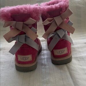 UGG Pink Boots with Gray and Tan Bows